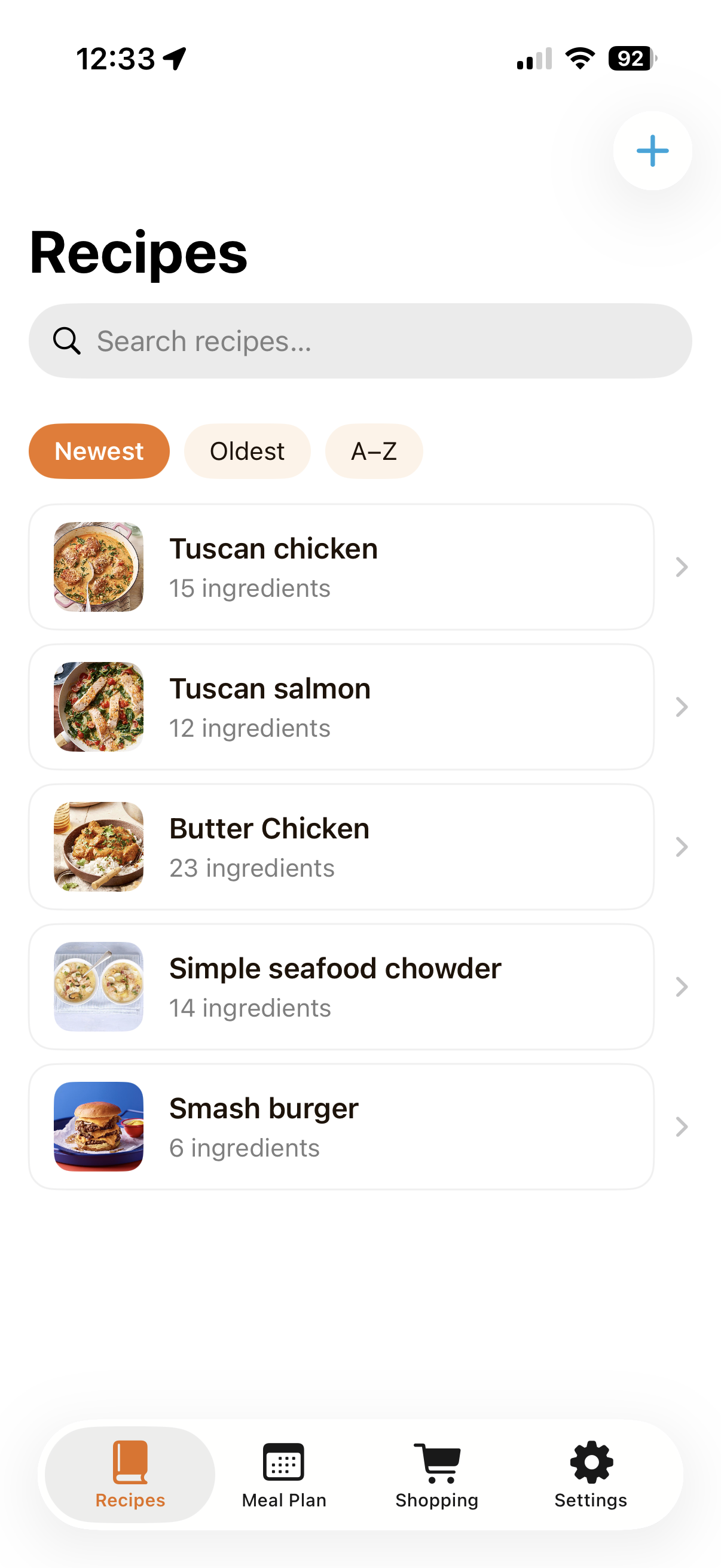 Forage recipe list screen